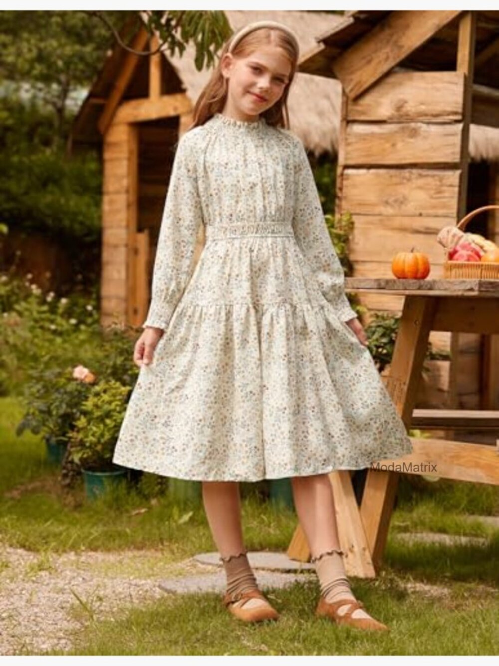 Girls Long Sleeve Floral Midi Dress High Waist Pockets - Picture 6 of 6